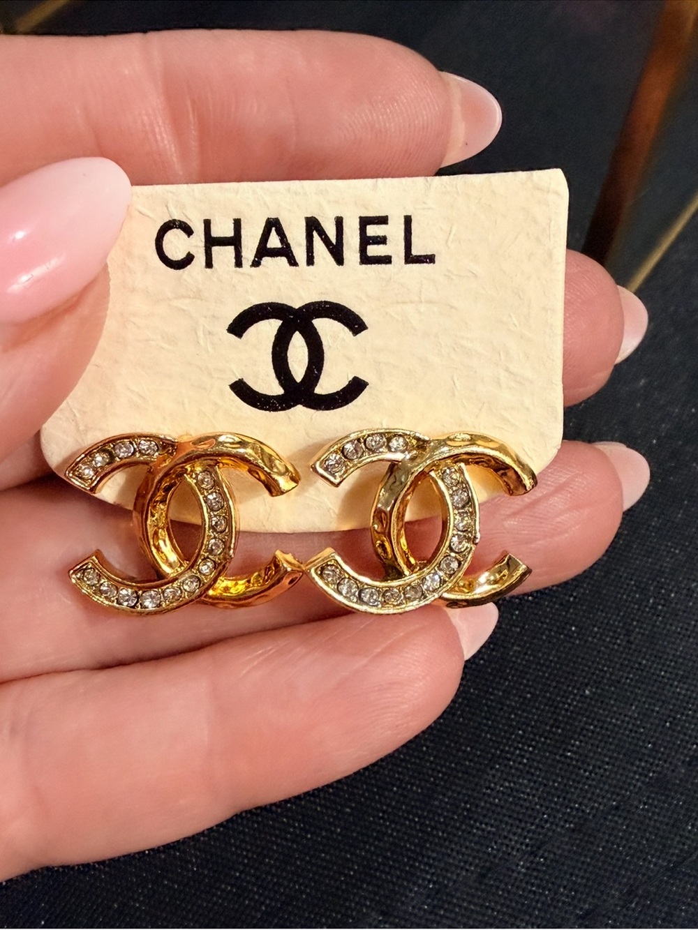Gold Tone Crystal CC Logo Earrings | NEW